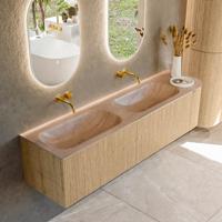 Badmeubel Mondiaz Kurve-Dlux | 175 cm | Meubelkleur Oak | Wastafelkleur Saba | Solid surface | Dubbel / Links spoelbak | Zonder kraangat(en)