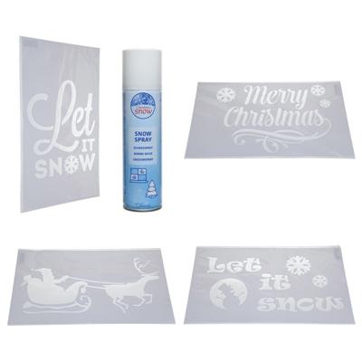 Kerst decoratie raamsjablonen - 4x stuks - 54 cm - met busje spuitsneeuw van 150 ml