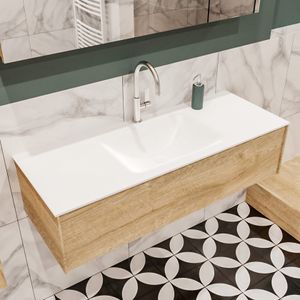 Mondiaz Lush Cloud badmeubel eiken licht 120 cm 1 lade solid surface enkele spoelbak midden 1 kraangat