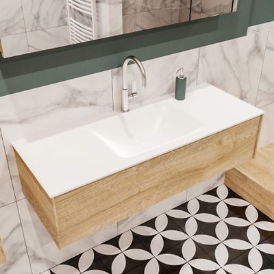Mondiaz Lush Cloud badmeubel Washed oak 120 cm 1 lade solid surface enkele spoelbak midden 1 kraangat