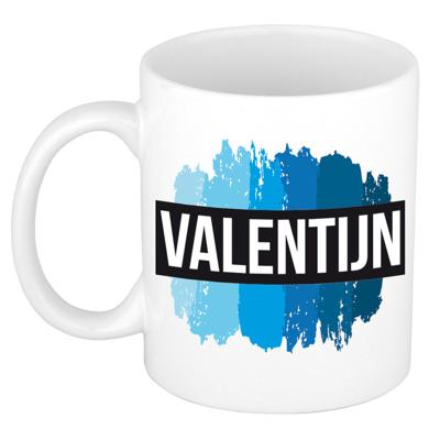 Valentijn naam cadeau koffie mok - beker - met blauw verfstrepen - Cadeau collega - vaderdag