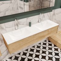 Mondiaz Lush Cloud badmeubel eiken licht 150 cm 1 lade solid surface dubbele spoelbak 2 kraangaten