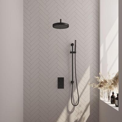 BRAUER Stripe Thermostatische Inbouw Regendouche - 3-weg - rechthoekig - SET 20 - 25cm douchekop - gebogen muurarm - staaf handdouche - doucheslang - geïntegreerde glijstang - mat zwart 5-S-403