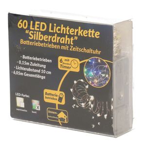 Draadverlichting zilver met gekleurde LED lampjes 6 meter op batterijen met timer