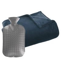 Fleece deken/plaid donkerblauw 125 x 150 cm en een warmwater kruik 2 liter - Plaids