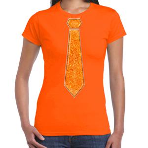 Verkleed t-shirt voor dames - stropdas glitter oranje - oranje - carnaval - foute party