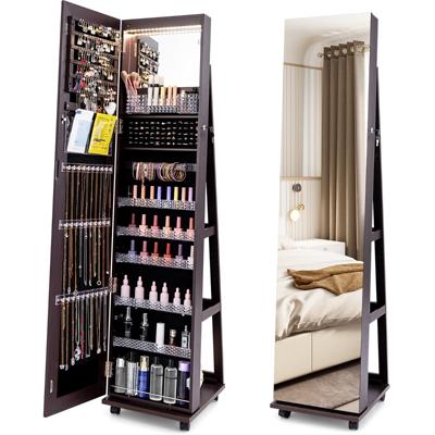 163 cm Afsluitbare Juwelenkast Geïntegreerde Make-Upspiegel 3-Kleurige LED-Verlichting Verstelbare Legplanken Universele Wielen-Paars