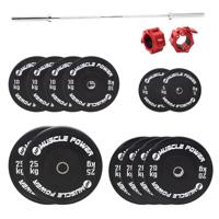 Muscle Power high black bumper halterschijf set 200KG + halterstang + collar set