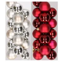 32x stuks kunststof kerstballen mix van zilver en donkerrood 4 cm - Kerstbal - thumbnail