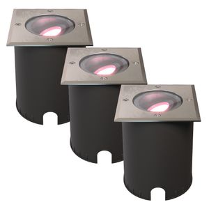 Set van 3 Cody Smart Grondspots RVS - GU10 5,5 Watt 345 lumen - RGB + WW - Wifi + BLE - Kantelbaar - Overrijdbaar - Vierkant - IP67 waterdicht Grondsp