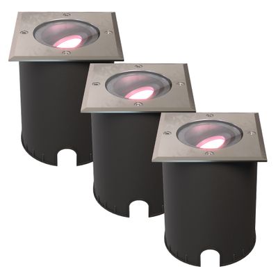 HOFTRONIC SMART Set van 3 Cody Smart Grondspots RVS - GU10 5,5 Watt 345 lumen - RGB + WW - Wifi + BLE - Kantelbaar - Overrijdbaar - Vierkant - IP67 waterdicht