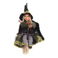 Halloween decoratie heksen pop op bezem - 20 cm - zwart/groen   - - thumbnail
