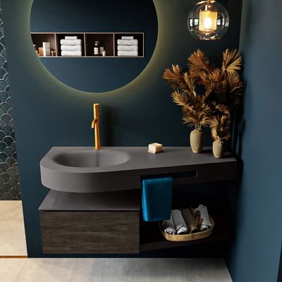 MONDIAZ RIVA 120cm badmeubel onderkast / planchet kleur Dark_Brown met 1 lade. Wastafel DULCET links 1 kraangat kleur Dark_Grey. MONDIAZ RIVA 120cm badmeubel onderkast / planchet kleur Dark_Brown met 1 lade. Wastafel DULCET links 1 kraangat kleur Dark_Grey.