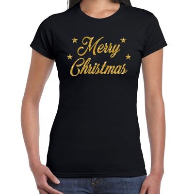 Foute Kersttrui t-shirt - Merry Christmas - goud / glitter - zwart - dames - kerstkleding Foute Kersttrui t-shirt - Merry Christmas - goud / glitter - zwart - dames - kerstkleding