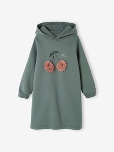 Meisjesjurk van sweatstof met capuchon en mooie details groen