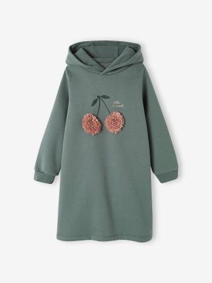 Meisjesjurk van sweatstof met capuchon en mooie details groen