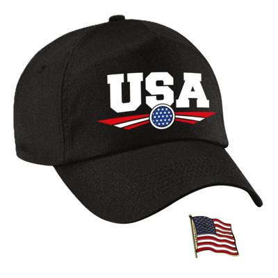 Amerika/USA supporters setje - baseballcap print zwart - colbert pin broche vlag - volwassenen