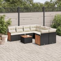 9-delige Loungeset met kussens poly rattan zwart