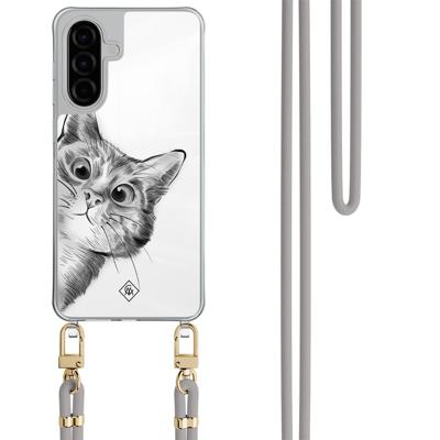 Samsung Galaxy A56 hoesje met grijs koord - Peekaboo kat