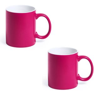 2x Fuchsia/witte drinkbekers/mokken 350 ml - Bekers