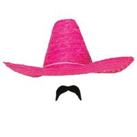 Carnaval verkleed setje - Mexicaanse sombrero hoed met plak nepsnor - roze - heren