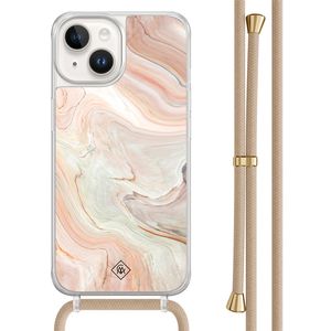 iPhone 14 hoesje met beige koord - Marmer waves