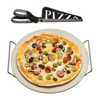 Keramische pizzasteen rond 33 cm met handvaten en zwarte pizzaschaar - thumbnail