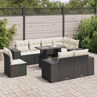 9-delige Loungeset met kussens poly rattan zwart