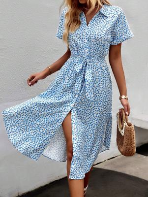 Bon&Bon Ditsy Floral Tie Front Maxi Shirt Dress with Slit Hem Blue / S
