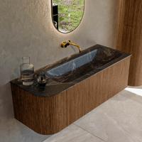 Mondiaz KURVE-DLUX 125 cm Onderkast Greeploos 1 Lade Met Deuren Walnut, Wastafel Solid Surface Rechts Lava 0 Kraangaten Zonder Spiegel (KRVBGM125L1L1D0KR-Wal/Lav)