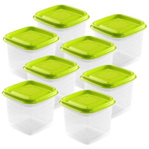 Vershoudbakjes Hega - set van 8x stuks - 0.7 liter - transparant/lime groen - L11 x B11 x H12 cm