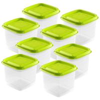 Vershoudbakjes Hega - set van 8x stuks - 0.7 liter - transparant/lime groen - L11 x B11 x H12 cm