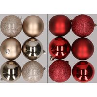 12x stuks kunststof kerstballen mix van champagne en donkerrood 8 cm   -