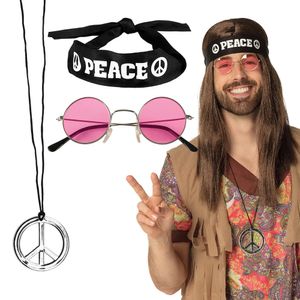 Boland Carnaval verkleed set Hippie - zonnebril/ketting/hoofband - heren   -