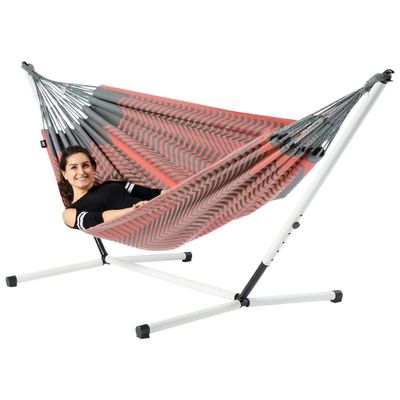 Tweepersoons hangmat met metalen standaard - 350x160cm - Roze - 160kg draagkracht- 100% katoen - binnen & buiten