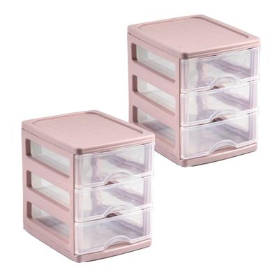 Ladekastje bureau organizer - 2x - 3 lades - roze/transparant - L13 x B17 x H17 cm - kunststof
