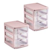Ladekastje bureau organizer - 2x - 3 lades - roze/transparant - L13 x B17 x H17 cm - kunststof