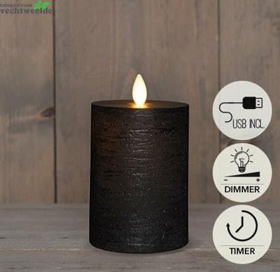 Stompkaars rustiek wax bewegende vlam 10x7,5 cm zwart - Annas collection