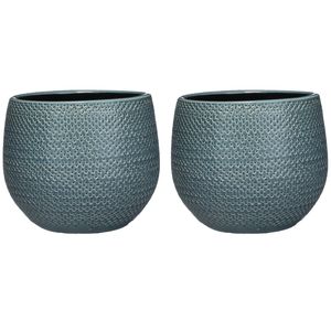 Set van 3x stuks bloempotten midnight blauw ribbels keramiek voor kamerplant H16 x D18 cm