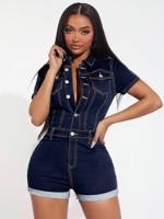 Women's Denim Jumpsuit - High Waist Short Sleeve Apricot Romper Dark Wash_1 / XL