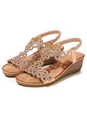 Strass Uitknippen Bloemen Elastisch Wig Sandalen Strass Uitknippen Bloemen Elastisch Wig Sandalen