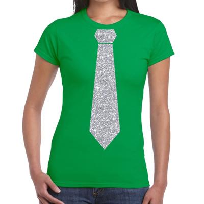 Carnaval verkleed t-shirt - met stropdas - groen - zilver glitters - dames - fun t-shirt