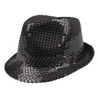 Boland Carnaval verkleed trilby hoedje - pailletten - Zwart - volwassenen - Glitter and Glamour