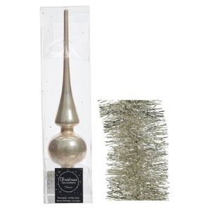 Kerstversiering glazen piek glans 26 cm en folieslingers pakket licht parel/champagne van 3x stuks