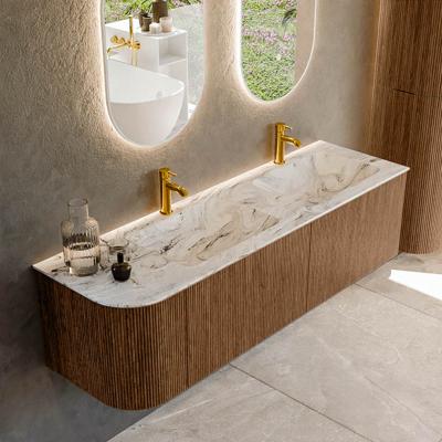 Mondiaz KURVE-DLUX 155 cm Onderkast Greeploos 2 Lades Met Deuren Walnut, Wastafel Solid Surface Rechts Glace 2 Kraangaten Zonder Spiegel (KRVLEA155L2L1D2KD-Wal/Gla)