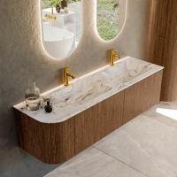 Mondiaz KURVE-DLUX 155 cm Onderkast Greeploos 2 Lades Met Deuren Walnut, Wastafel Solid Surface Rechts Glace 2 Kraangaten Zonder Spiegel (KRVLEA155L2L1D2KD-Wal/Gla)
