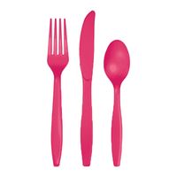 Kunststof bestek party/bbq setje - 24x delig - roze - messen/vorken/lepels - herbruikbaar   - - thumbnail