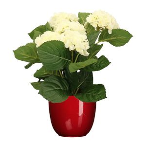 Hortensia kunstplant/kunstbloemen 36 cm - wit - in pot rood glans