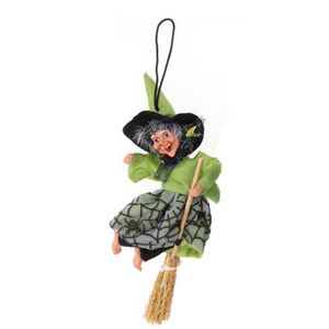 Halloween decoratie heksen pop - vliegend op bezem - 10 cm - zwart/groen