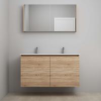 On-Line Badkamermeubelset - 120 cm - Voorgemonteerd - Greeploos 2 Deuren - Porseleinen Wastafel - 2 Kraangaten - Spiegelkast - Eiken